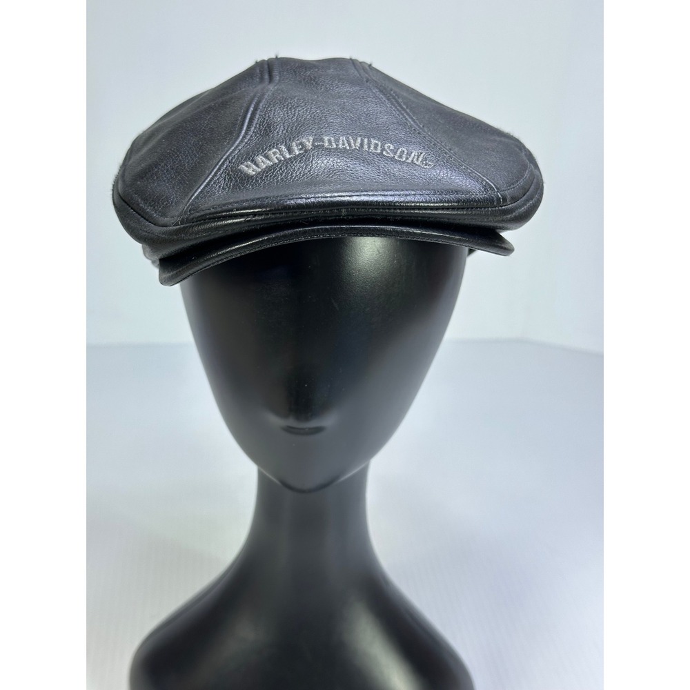 Harley Davidson Mens Black Leather Flat Cap HOG 2006 Pin Ivy Driver Hat Large
